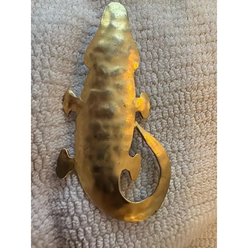 Vintage Hand Hammered Brass Crocodile Brooch Pin Large 4
